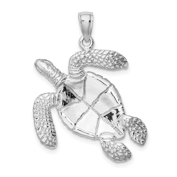 14K White Gold Large Textured Swimming Sea Turtle Necklace Charm Pendant - Picture 4 of 4